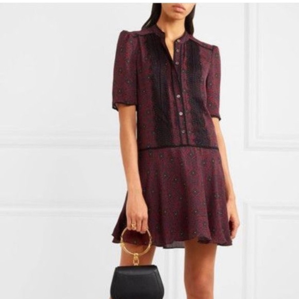 NwoVeronica Beard Alana Lace Front Panel Silk Dress in Bordeaux / Dark Navy